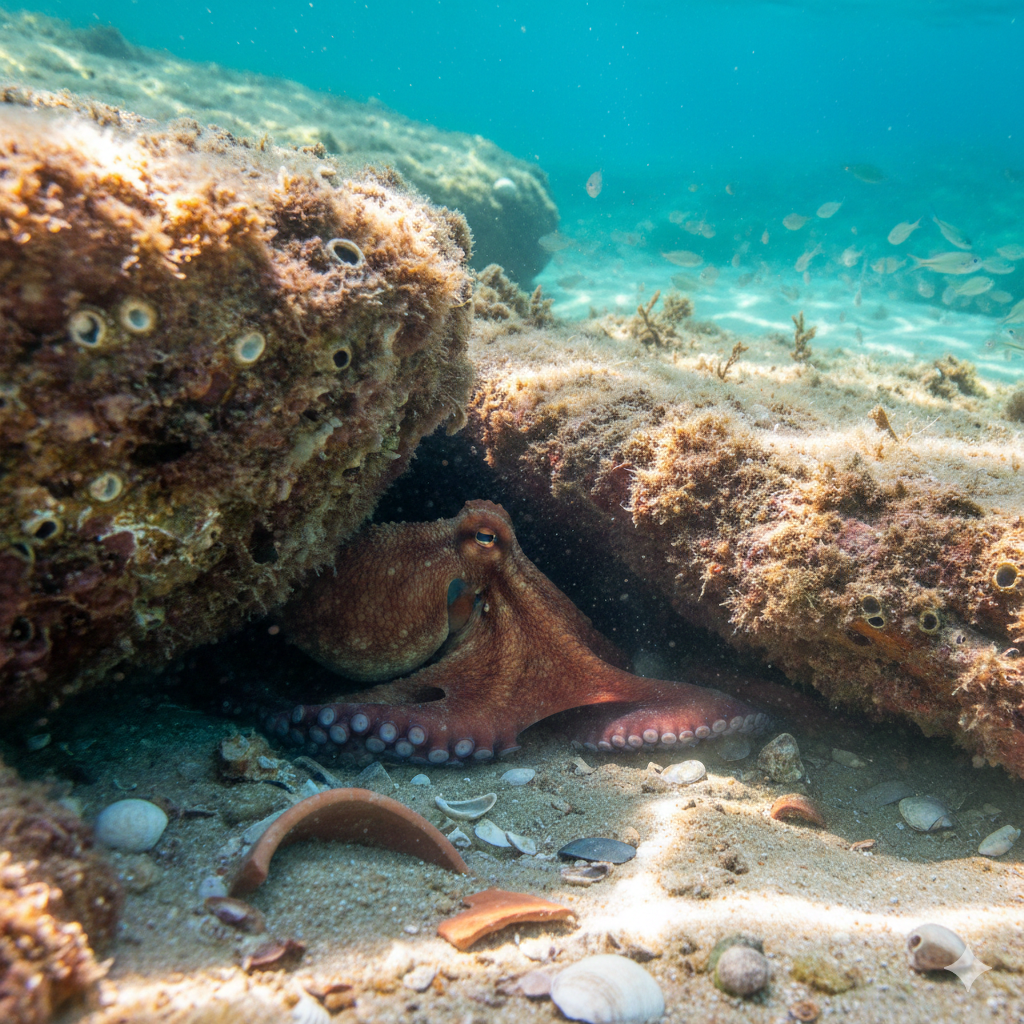 Polpo nascosto tra le rocce di Chia