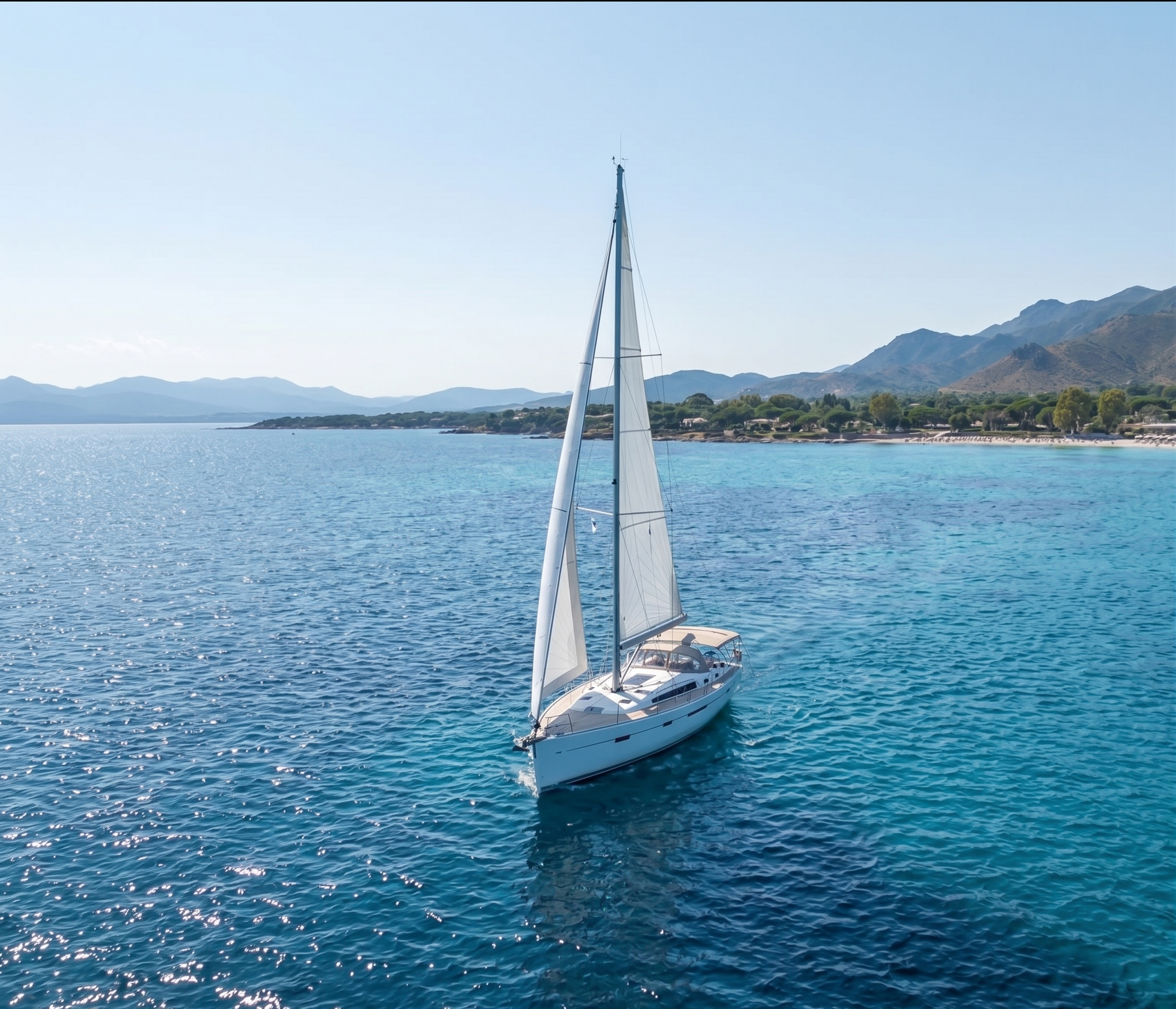 Bavaria 56 under sail with rocky coastline &mdash; sailing charter Chia
