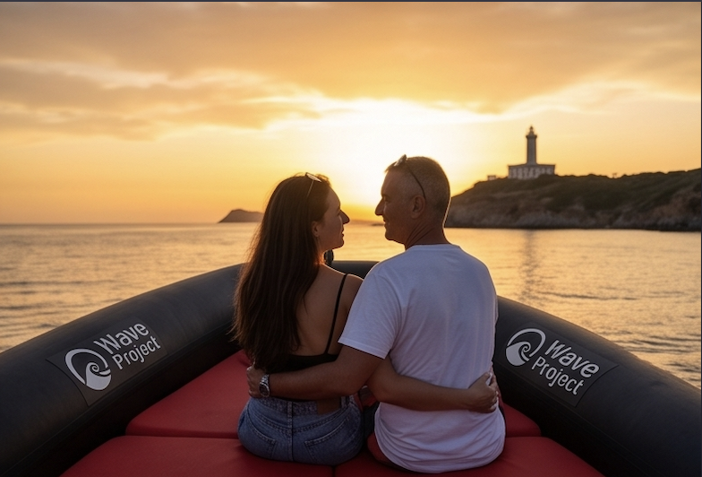 Couple enjoying sunset boat tour in Chia