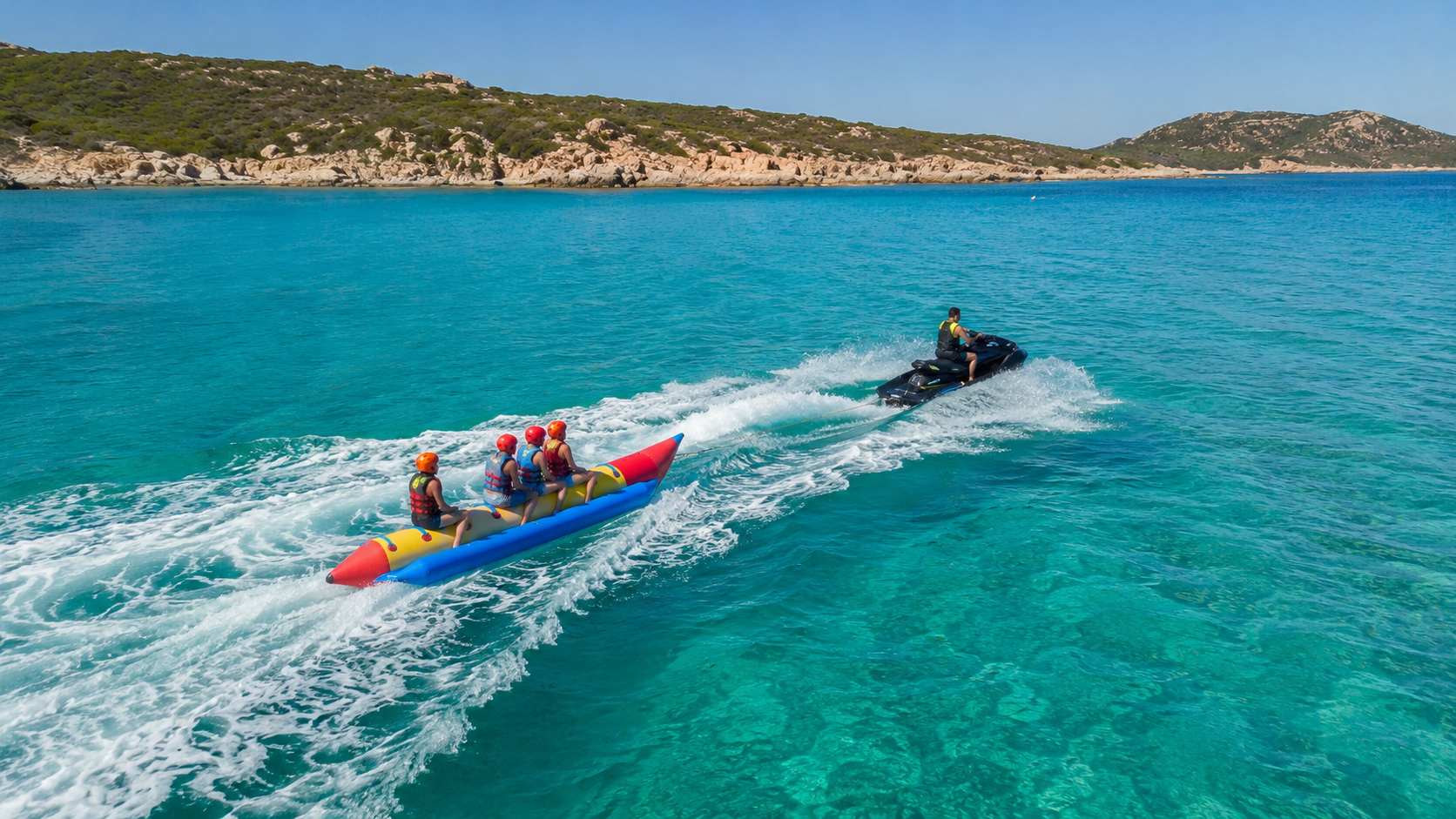 Towable banana boat activity for groups in South Sardinia