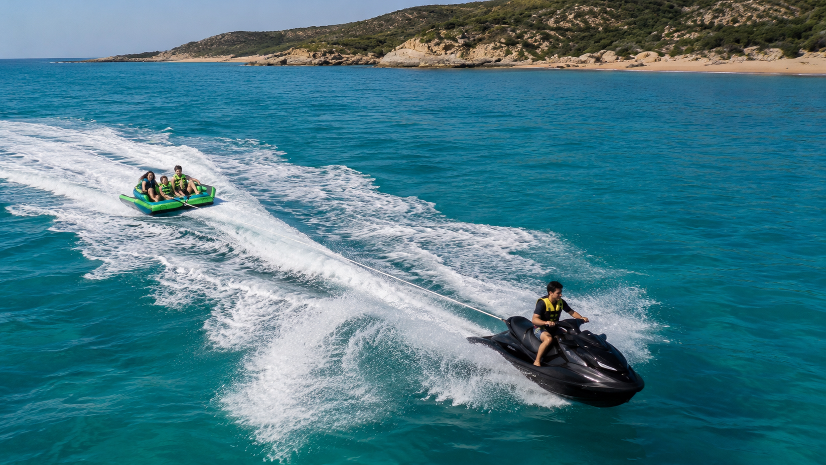 Sofa ride towable water game in Chia with rocky coastline in the background