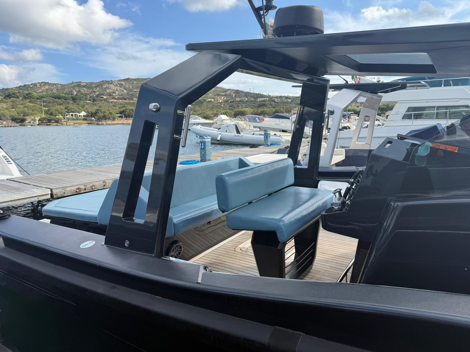 Nautilux luxury yacht stern view with teak deck, South Sardinia